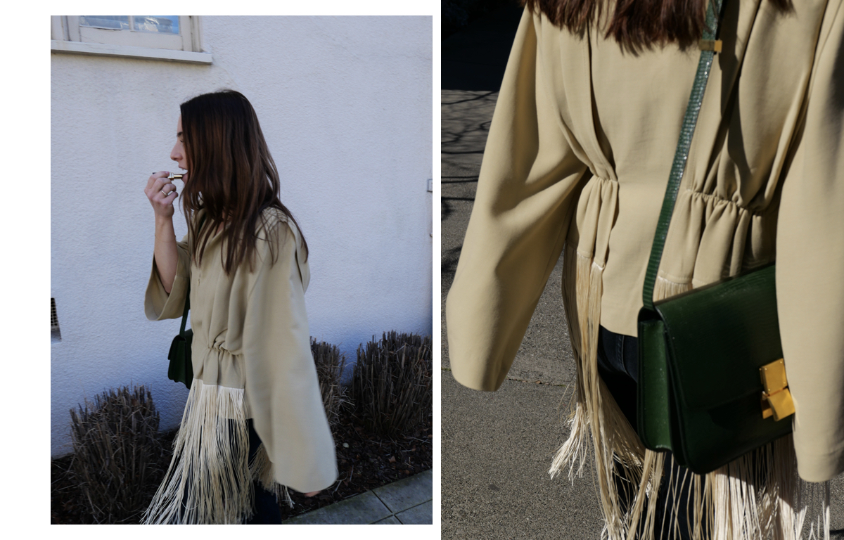 Alicia Lund in a fringe By Malene Birger jacket