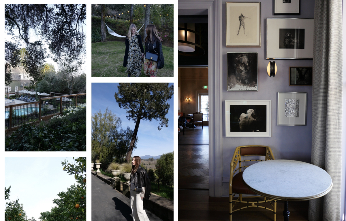 The lounge area at The Madrona Inn is a cozy and inviting space with art-filled walls.