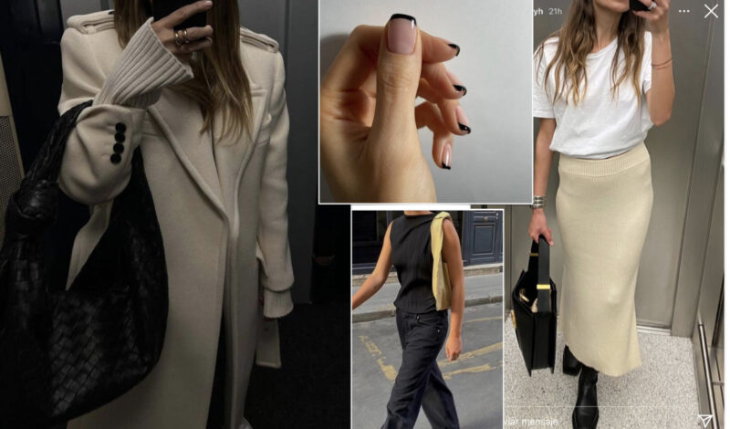 Casual everyday style inspiration, a fresh manicure and all black, ivory outfits to repeat.