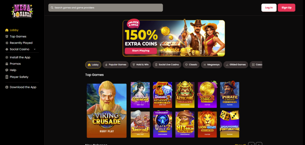 MegaBonanza sweepstakes casino homepage