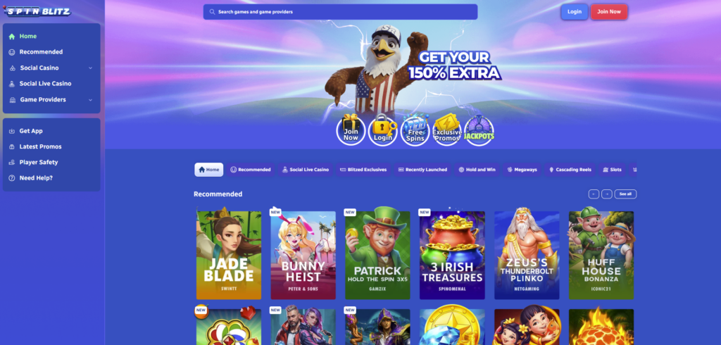 Spin Blitz social casino homepage